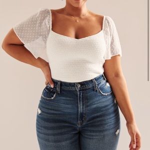 Abercrombie Smocked White Top with Flutter Polka Dot Sleeve